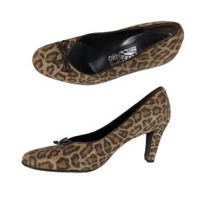 Salvatore Ferragamo Womens Pumps 7 Leopard Animal Print Leather Brown Heels